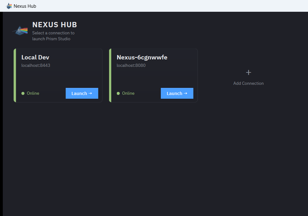 The Nexus Hub: a grid of Nexus connections, each showing its address and online state, with a launch action.
