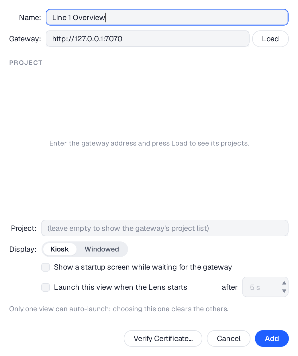 Lens's Add View dialog after loading, listing one project from the gateway