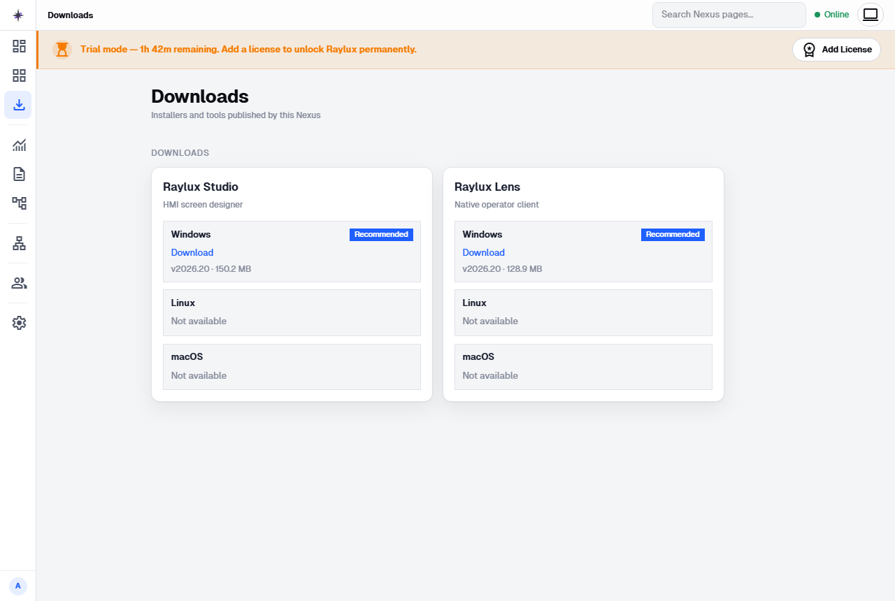 Nexus's Downloads page with cards for Raylux Studio and Raylux Lens, each showing a recommended Windows download and Linux/macOS marked Not available