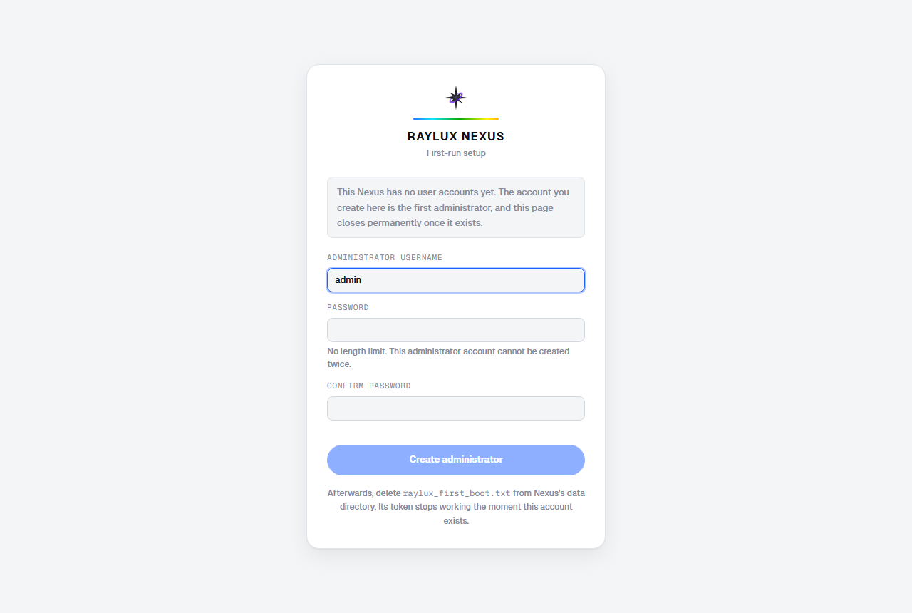 The Nexus first-run setup page, asking for an administrator username, password and confirmation