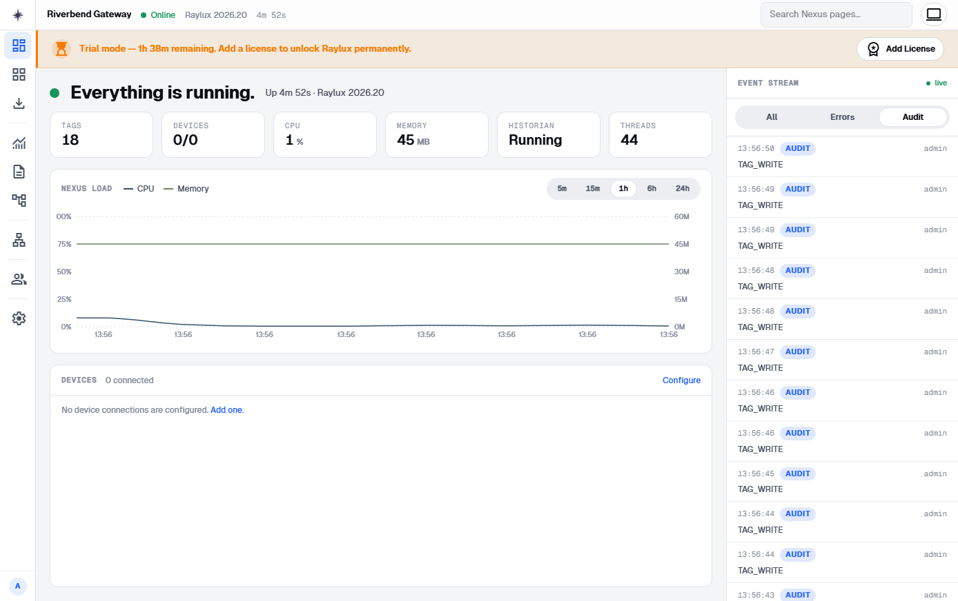 Nexus's signed-in Overview page in the Daylight theme: an Online status in the top bar, an Everything is running headline with uptime and version, tiles for tags, devices, CPU, memory, historian and threads, a Nexus load chart, a Devices list, and an event stream down the right