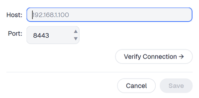 Studio's Add Connection dialog with Host, Port 8443, a Verify connection button, and Cancel and Save buttons