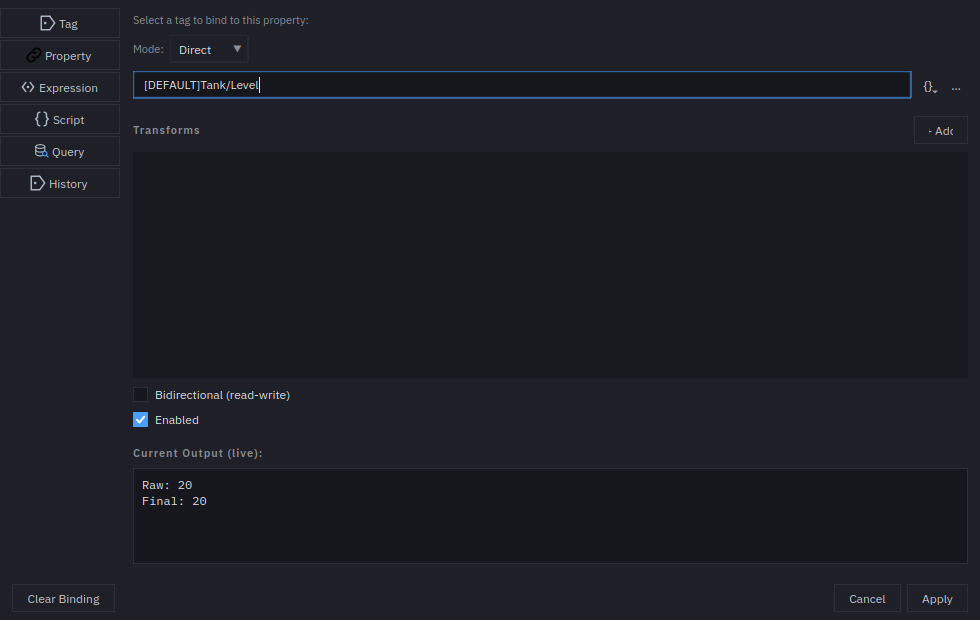 The Binding Manager on the Tag page, with the path [DEFAULT]Tank/Level entered and Current Output showing Raw: 20