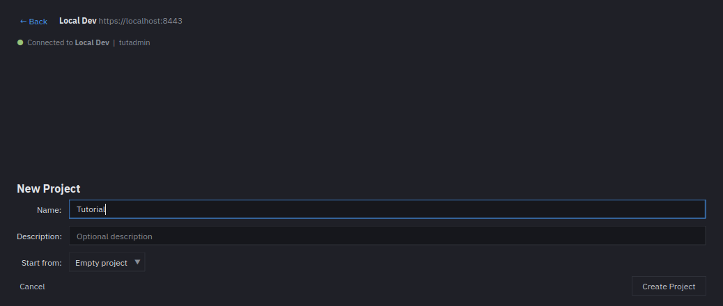 The Hub's New Project form with Name set to Tutorial, an empty Description and Start from set to Empty project