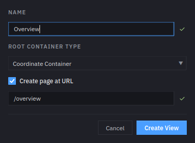 The New View dialog with Name set to Overview, Root Container Type Coordinate Container, and Create page at URL ticked with /overview