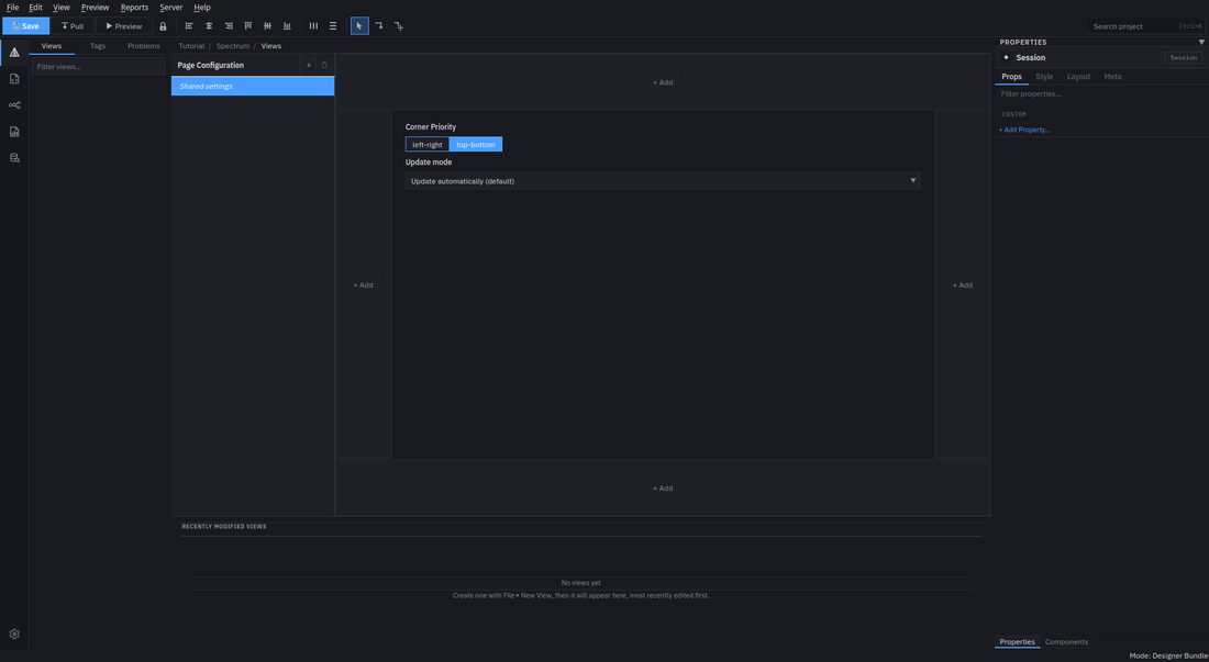 Studio's main window with the Views, Tags and Problems tabs on the left, the Page Configuration editor in the middle, and the Properties panel on the right