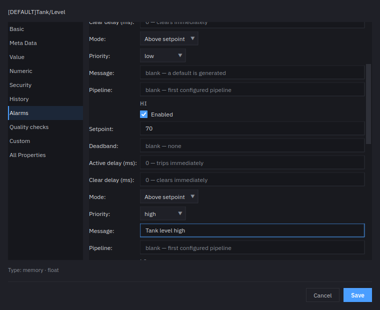 The Tag Editor on the Alarms category, with the hi limit enabled, setpoint 70, priority high and message Tank level high