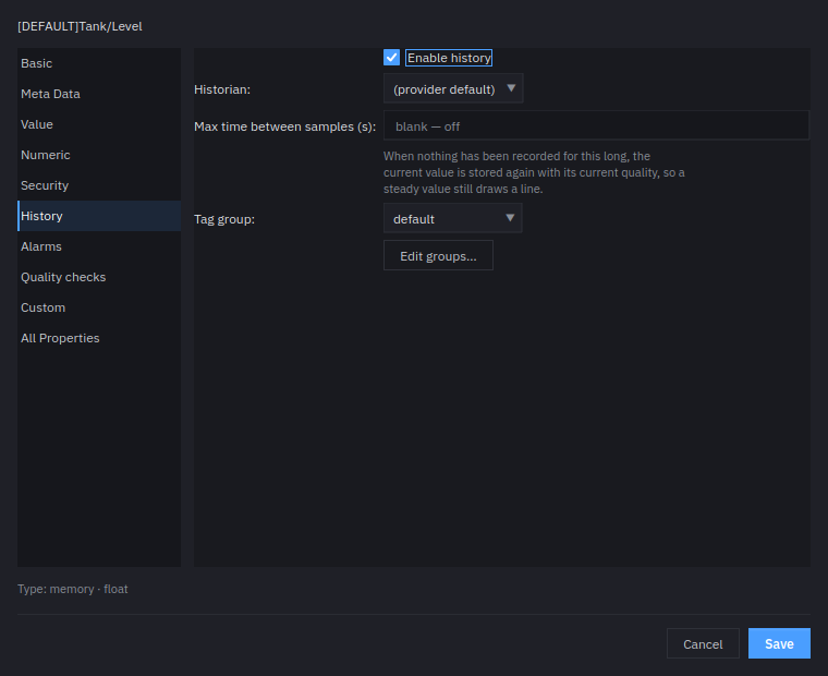The Tag Editor on the History category, with Enable history ticked and Historian set to provider default