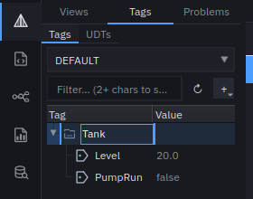 The Tags tab showing the DEFAULT provider, the Tank folder expanded, and Level at 20.0 and PumpRun at false
